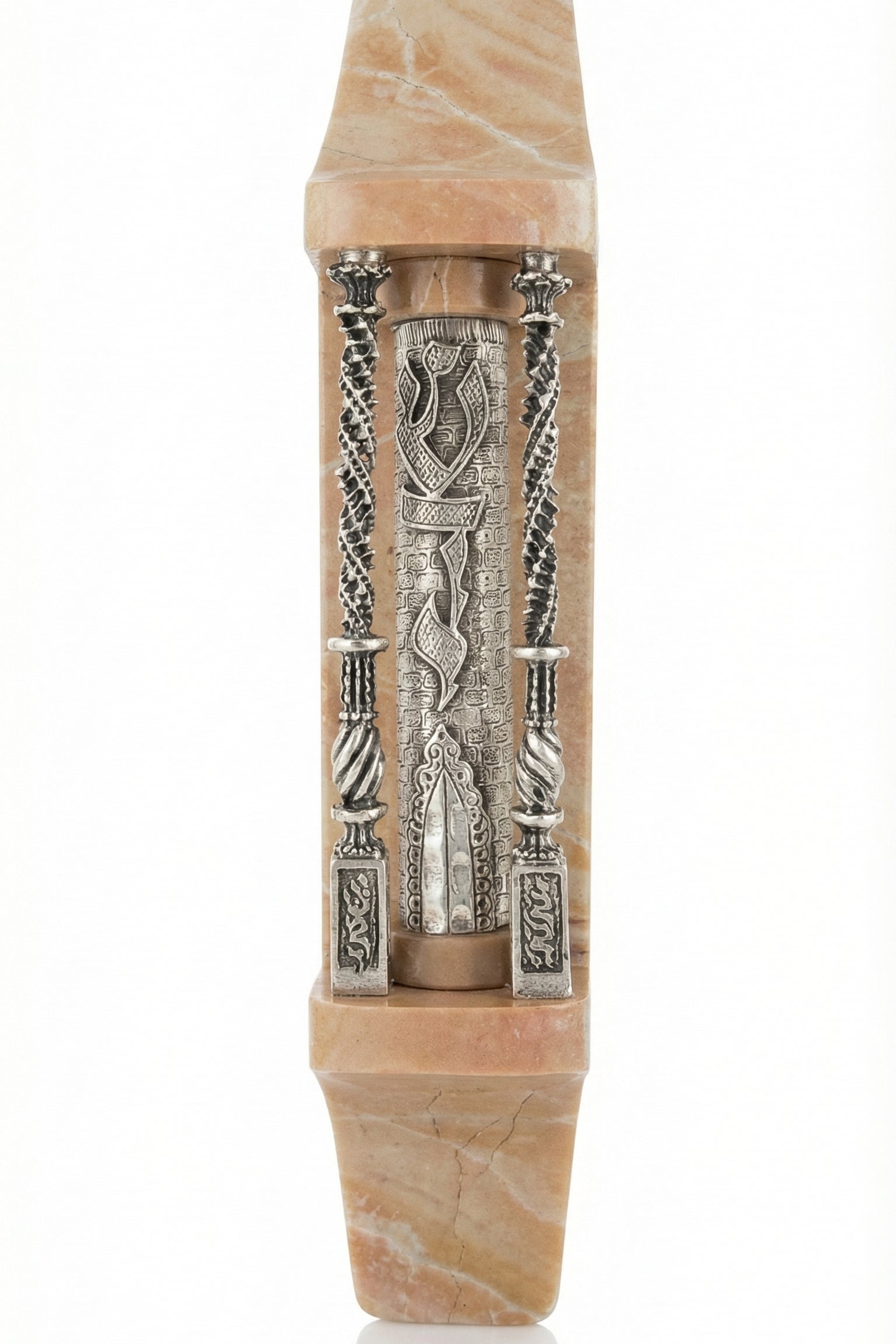 Large Bezalel Mezuzah crafted from Jerusalem stone with Sterling Silver accents, designed for prominent display on home or synagogue doorways.