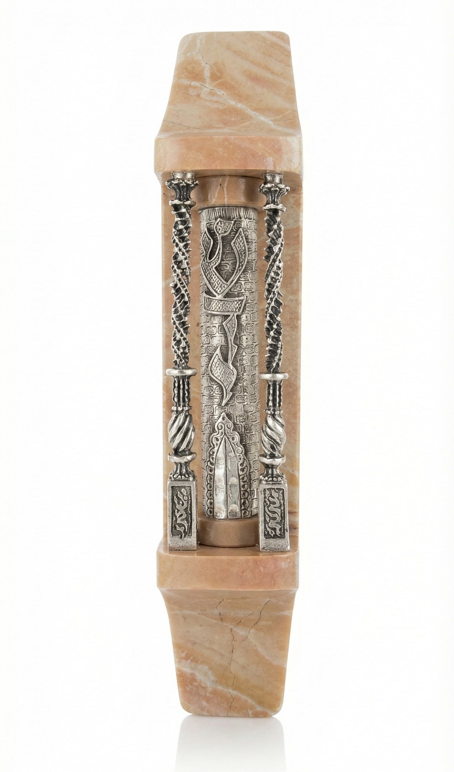 Large Bezalel Mezuzah crafted from Jerusalem stone with Sterling Silver accents, designed for prominent display on home or synagogue doorways.