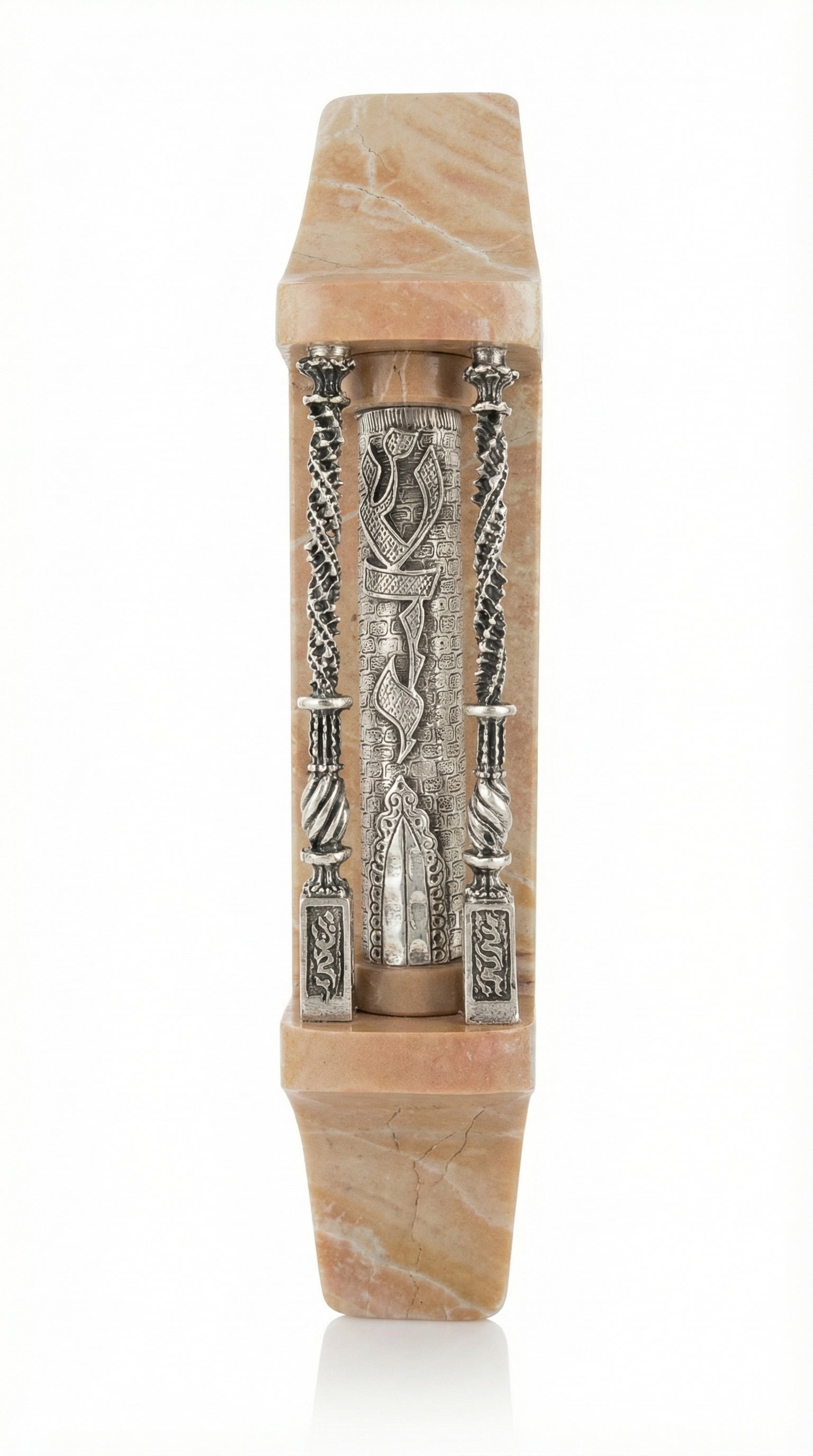 Large Bezalel Mezuzah crafted from Jerusalem stone with Sterling Silver accents, designed for prominent display on home or synagogue doorways.