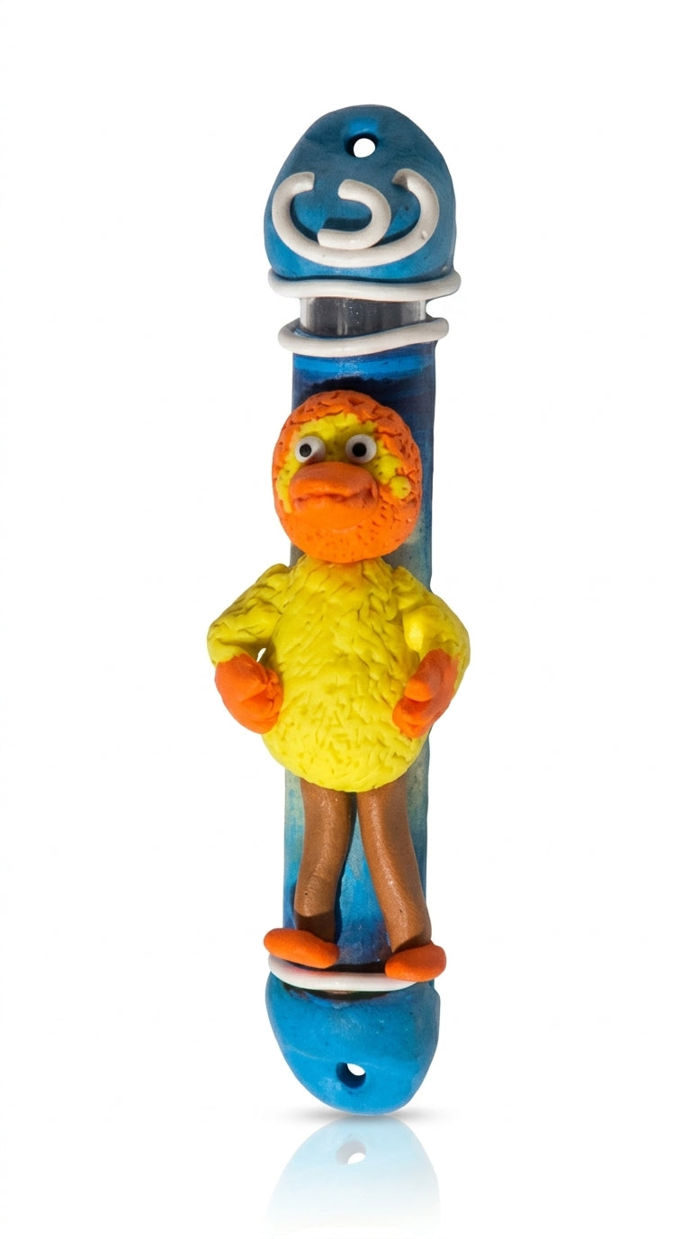 Colorful and cheerful handmade Bigbird Mezuzah from Israel, designed for doorways, with precise engraved Hebrew letters and detailed decorative motifs.