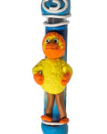 Colorful and cheerful handmade Bigbird Mezuzah from Israel, designed for doorways, with precise engraved Hebrew letters and detailed decorative motifs.