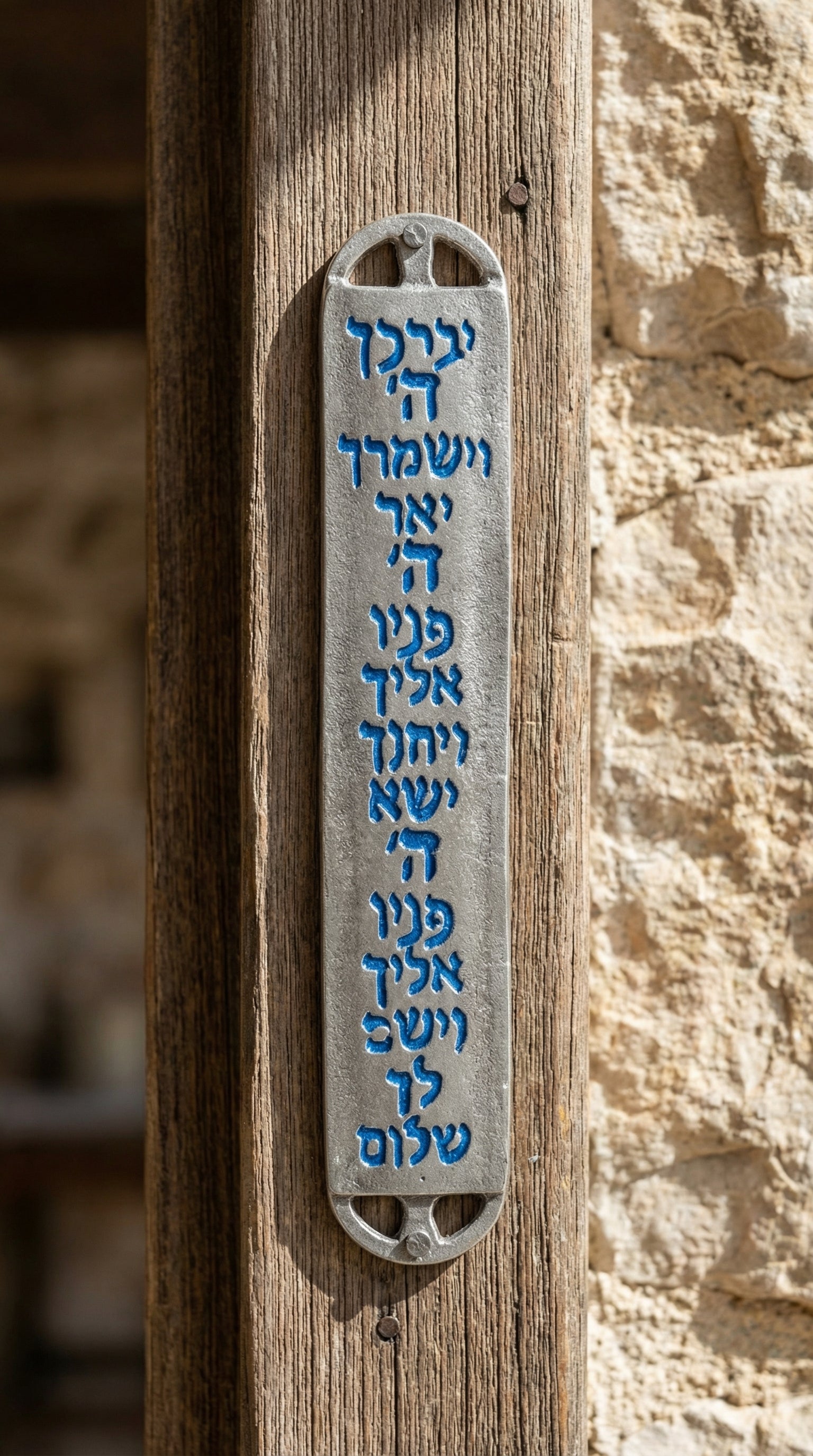 Elegant Birchat Cohanim Mezuzah made of metal with engraved traditional Hebrew blessings for Jewish homes.