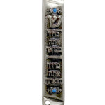 Elegant Pewter Birchat Habayit Mezuzah with blue accents and Hebrew blessing for home, displayed on a white background with soft reflection.