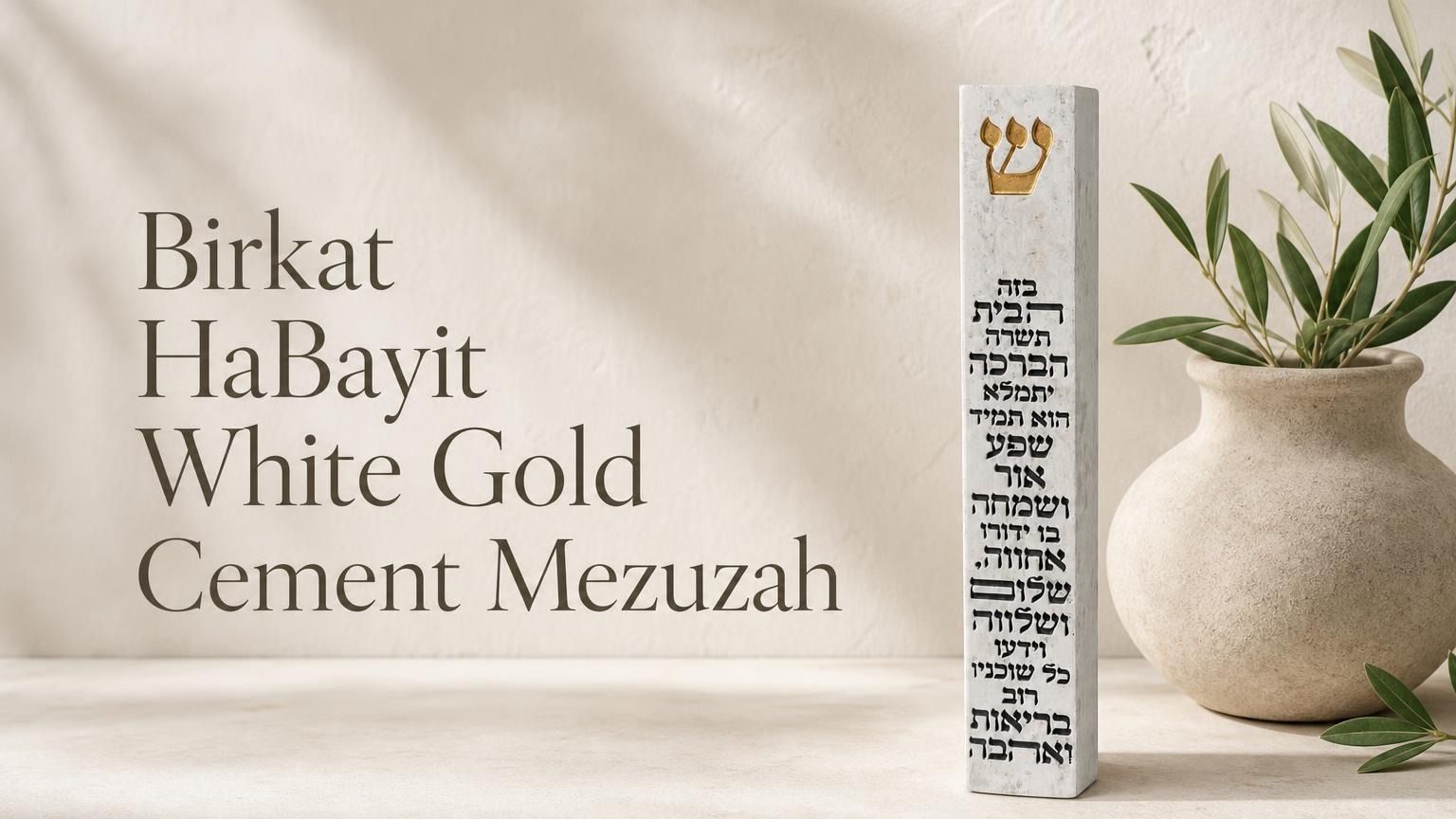 Birkat HaBayit cement mezuzah in white and gold featuring a Hebrew Shin on a clean minimalist background