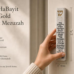 Handheld Birkat HaBayit white cement mezuzah case with raised gold Shin and full Hebrew blessing for the home, shown beside product information to highlight the slim profile, gold accent, decorative Jewish text, and Israeli Judaica design
