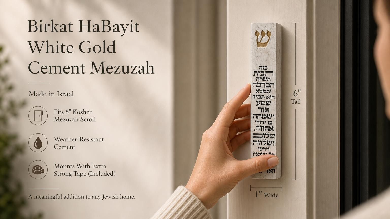 Handheld Birkat HaBayit white cement mezuzah case with raised gold Shin and full Hebrew blessing for the home, shown beside product information to highlight the slim profile, gold accent, decorative Jewish text, and Israeli Judaica design