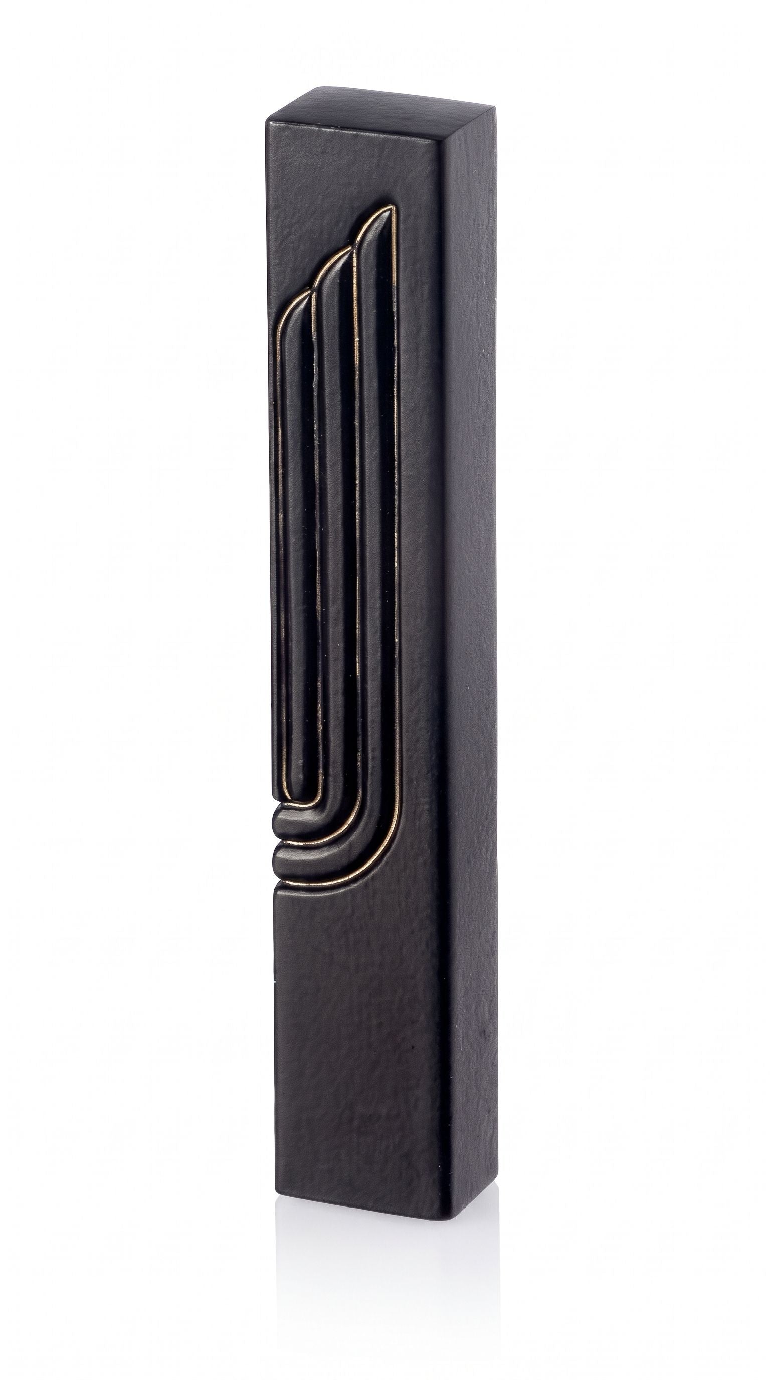 Black and gold polymer mezuzah case for a five inch kosher scroll with bottom opening.