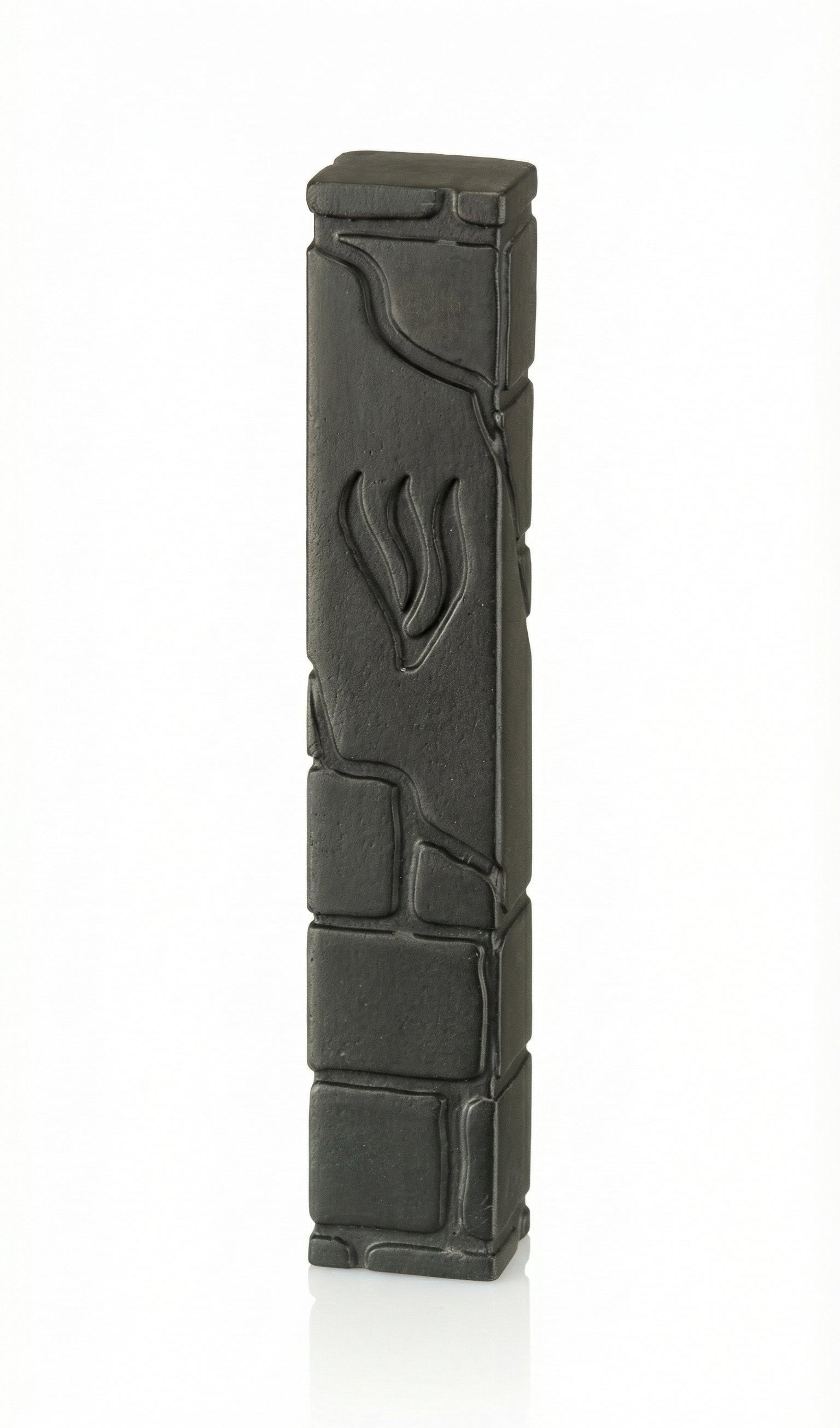 Black cement mezuzah, 6 inches tall, with Hebrew engravings, mounted with strong tape on a white background, detailed craftsmanship.