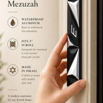 Futuristic Cyber Prism Black Geometric Mezuzah with silver facets and Hebrew Shin on a doorpost.