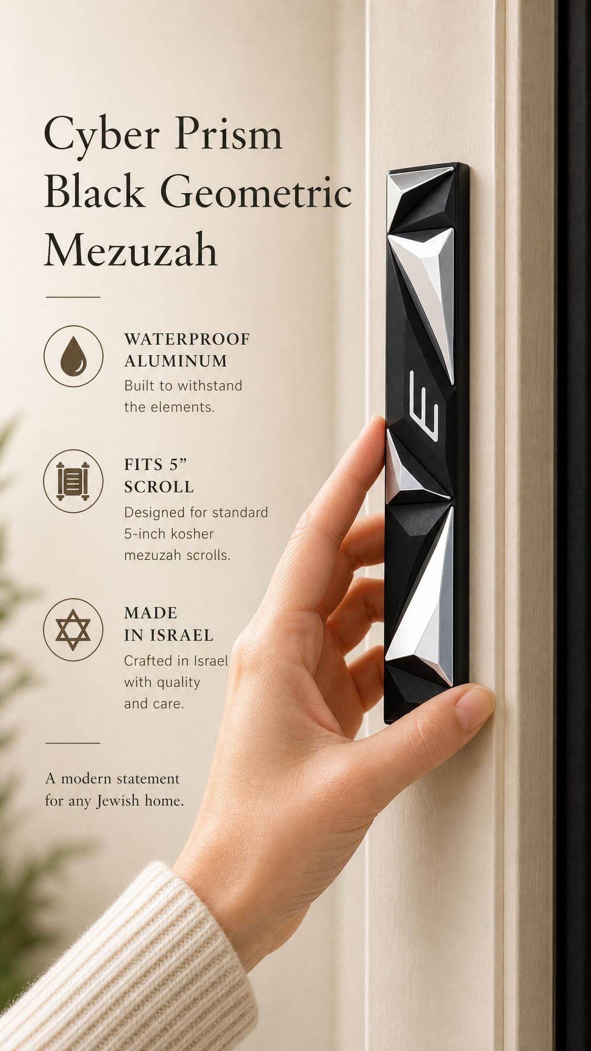 Futuristic Cyber Prism Black Geometric Mezuzah with silver facets and Hebrew Shin on a doorpost.