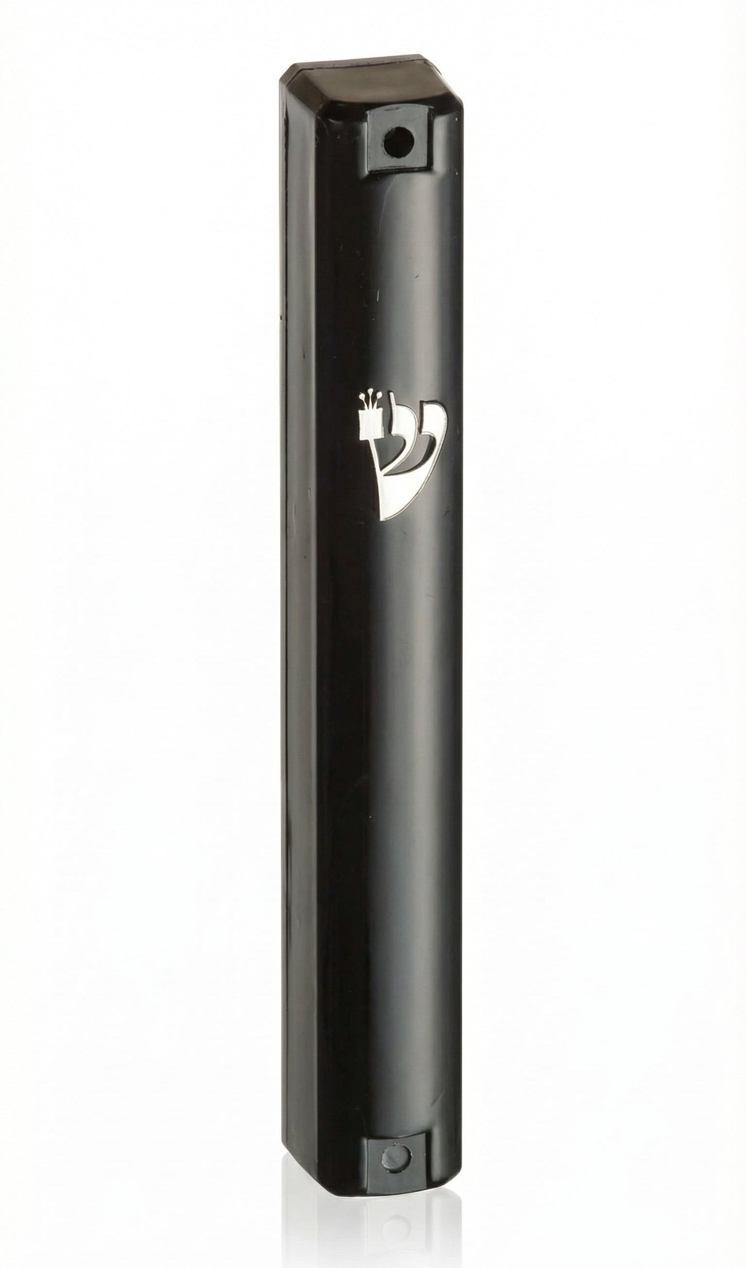 Black lucite mezuzah with Hebrew inscriptions, showcased on a clean white background with a subtle reflection, highlighting intricate details.