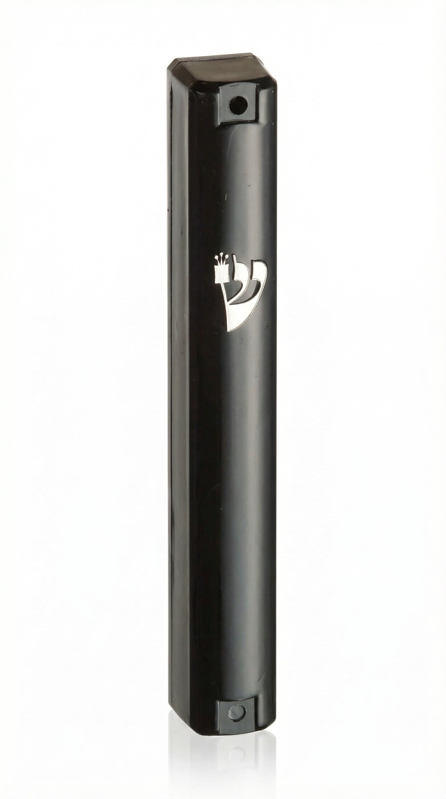 Black lucite mezuzah with Hebrew inscriptions, showcased on a clean white background with a subtle reflection, highlighting intricate details.