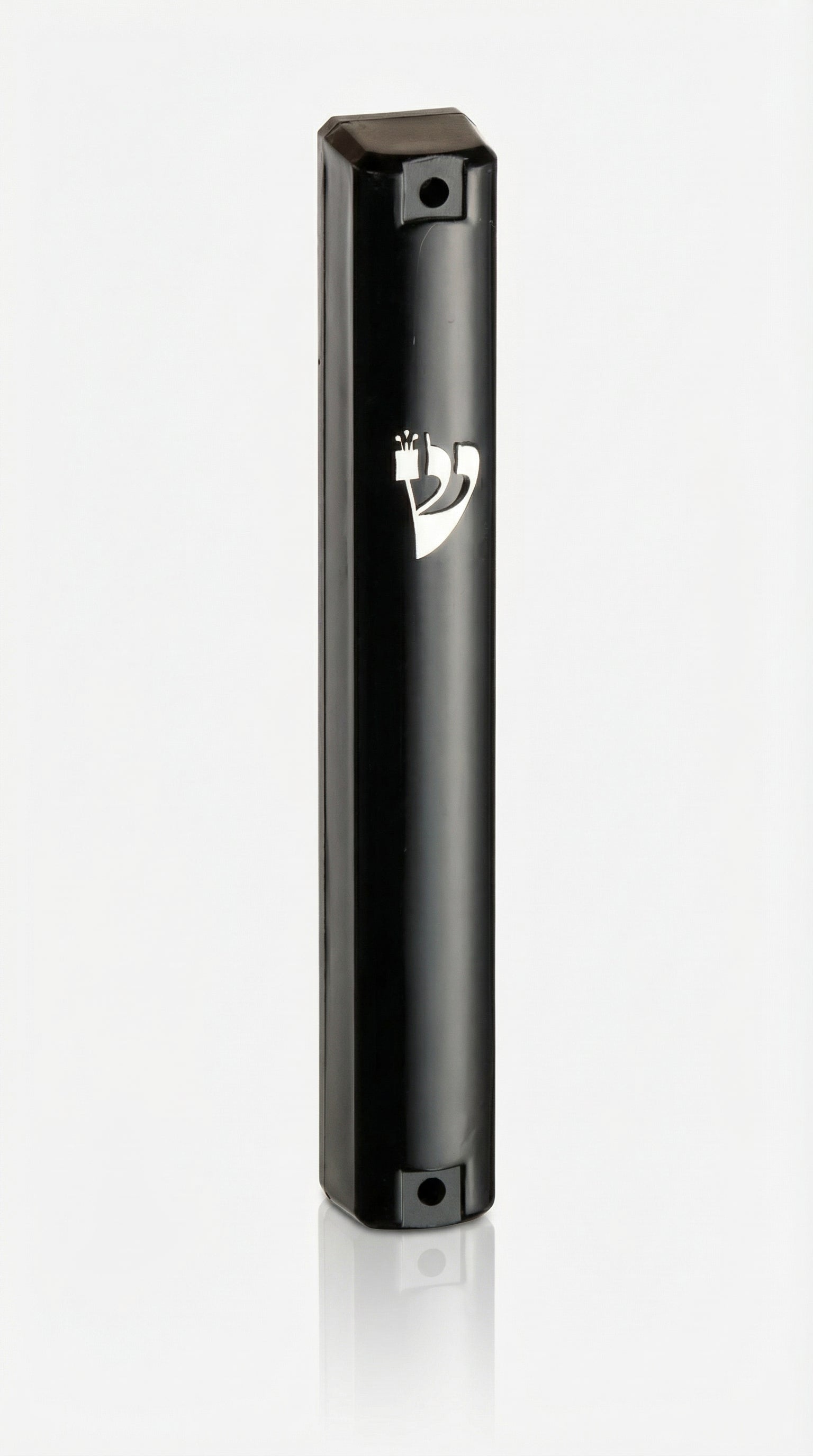 Elegant black lucite mezuzah made in Israel, 3.5 inches tall with detailed Hebrew engravings, designed for home doorways.