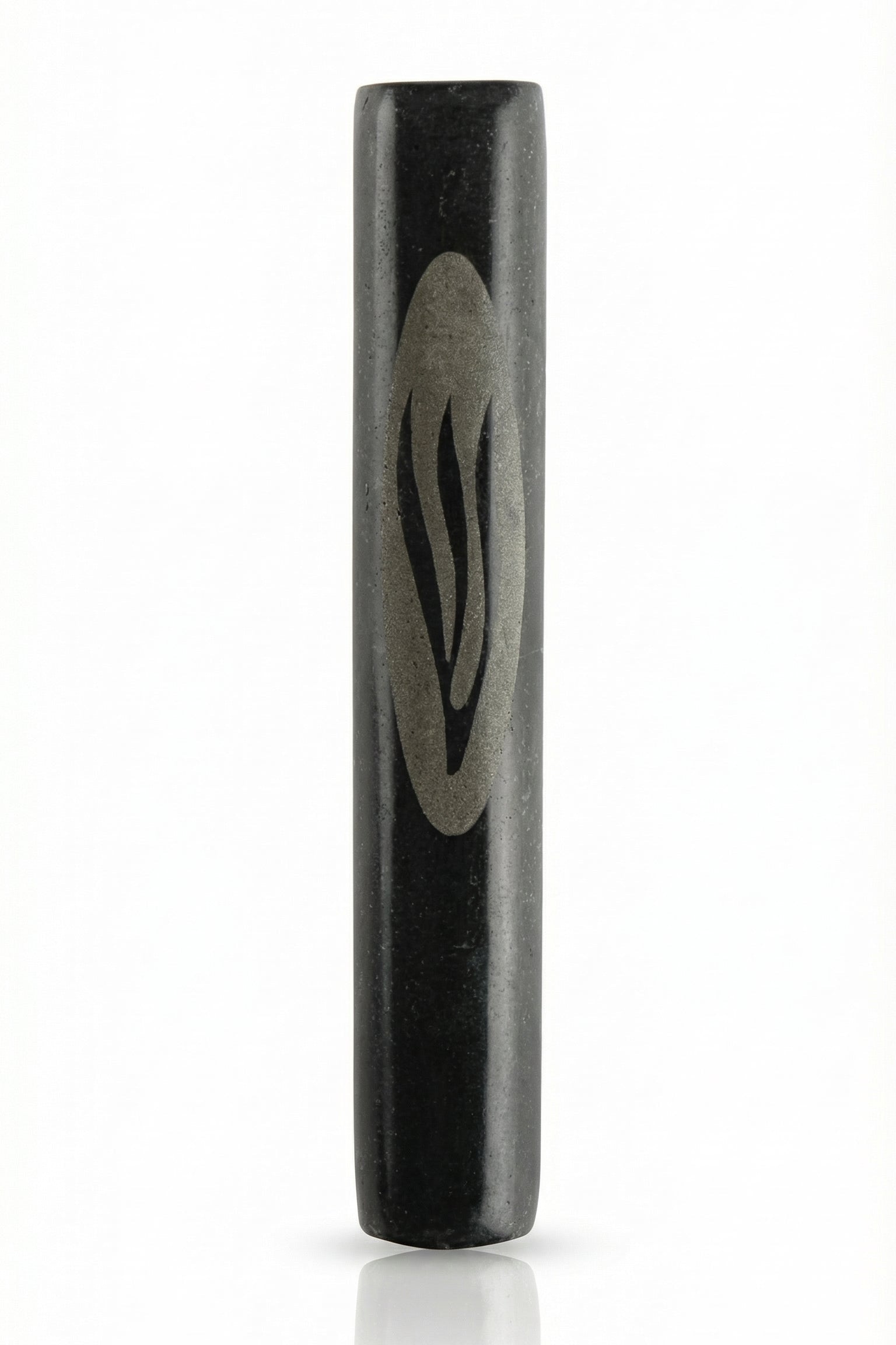 Black Marble large mezuzah case handcrafted in Israel with natural black and gray stone texture, Hebrew detail, and 6-inch case size