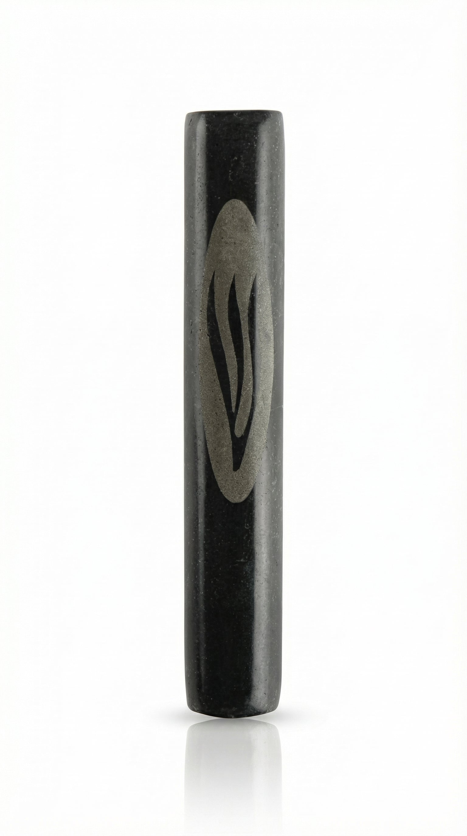 Black Marble large mezuzah case handcrafted in Israel with natural black and gray stone texture, Hebrew detail, and 6-inch case size