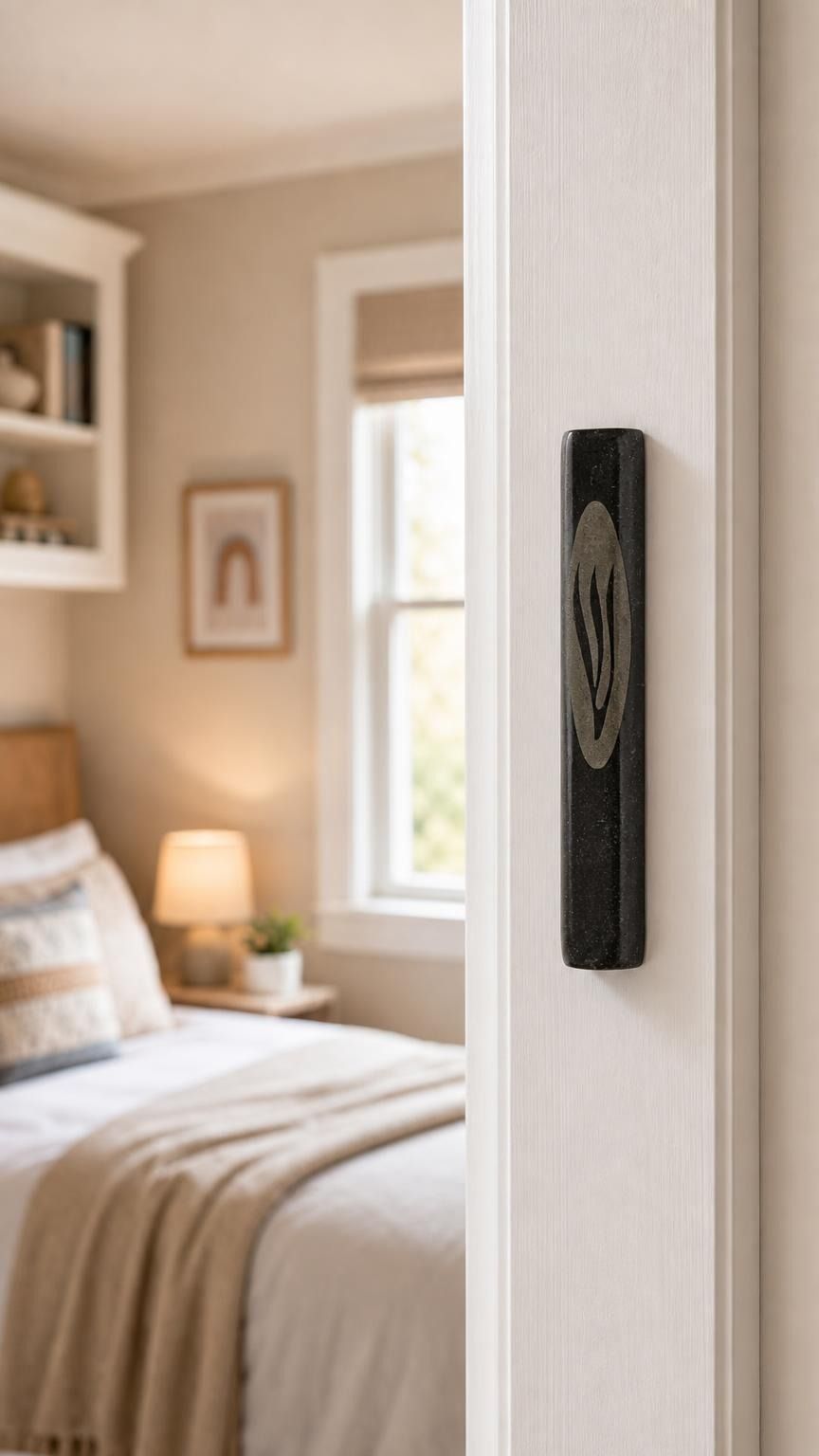 Black marble mezuzah case mounted on a residential doorpost in an indoor setting, highlighting natural stone patterns and craftsmanship.