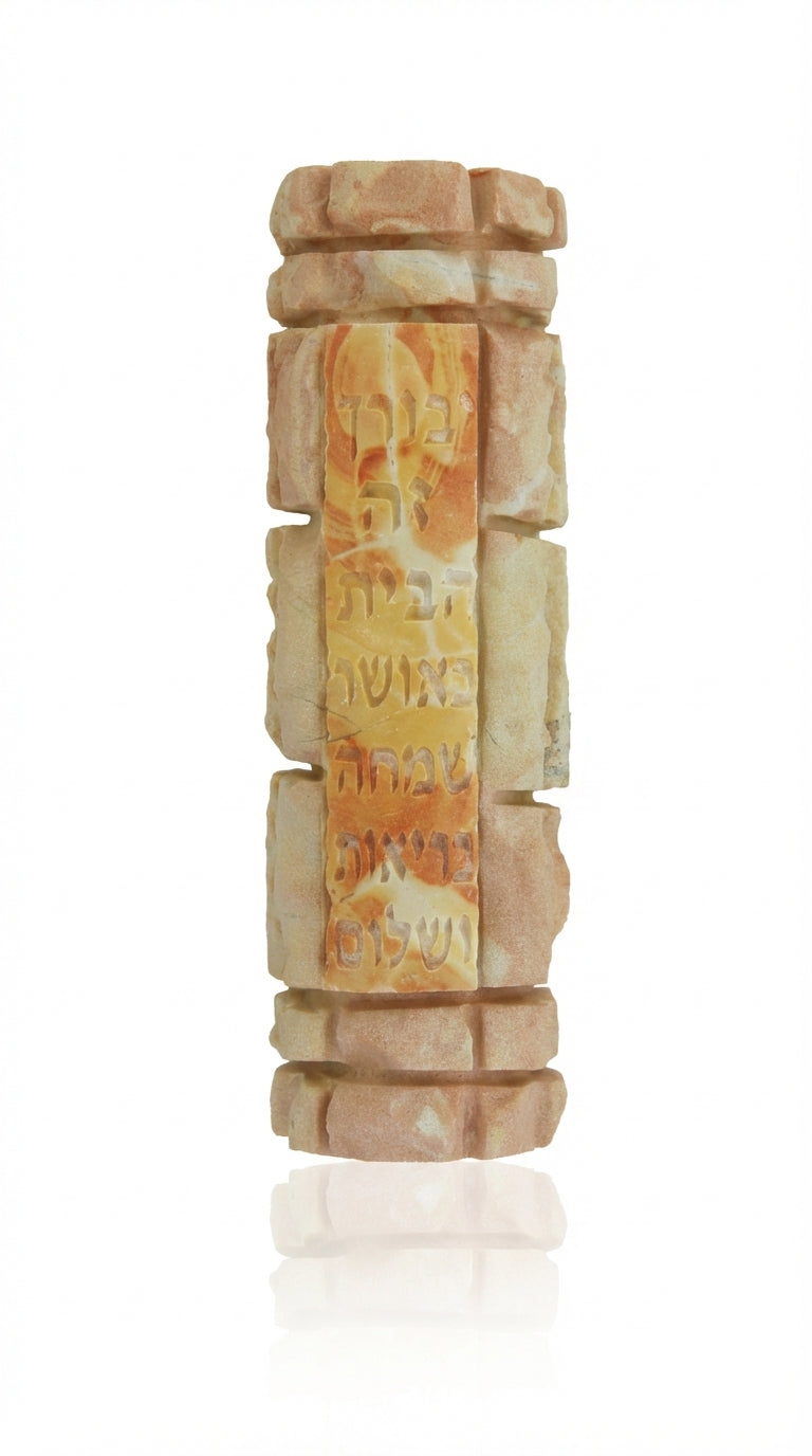 Solid Jerusalem Stone Mezuzah with Hebrew blessing, 4-inch tall, detailed engraved design, displayed on a white studio background with subtle reflection.