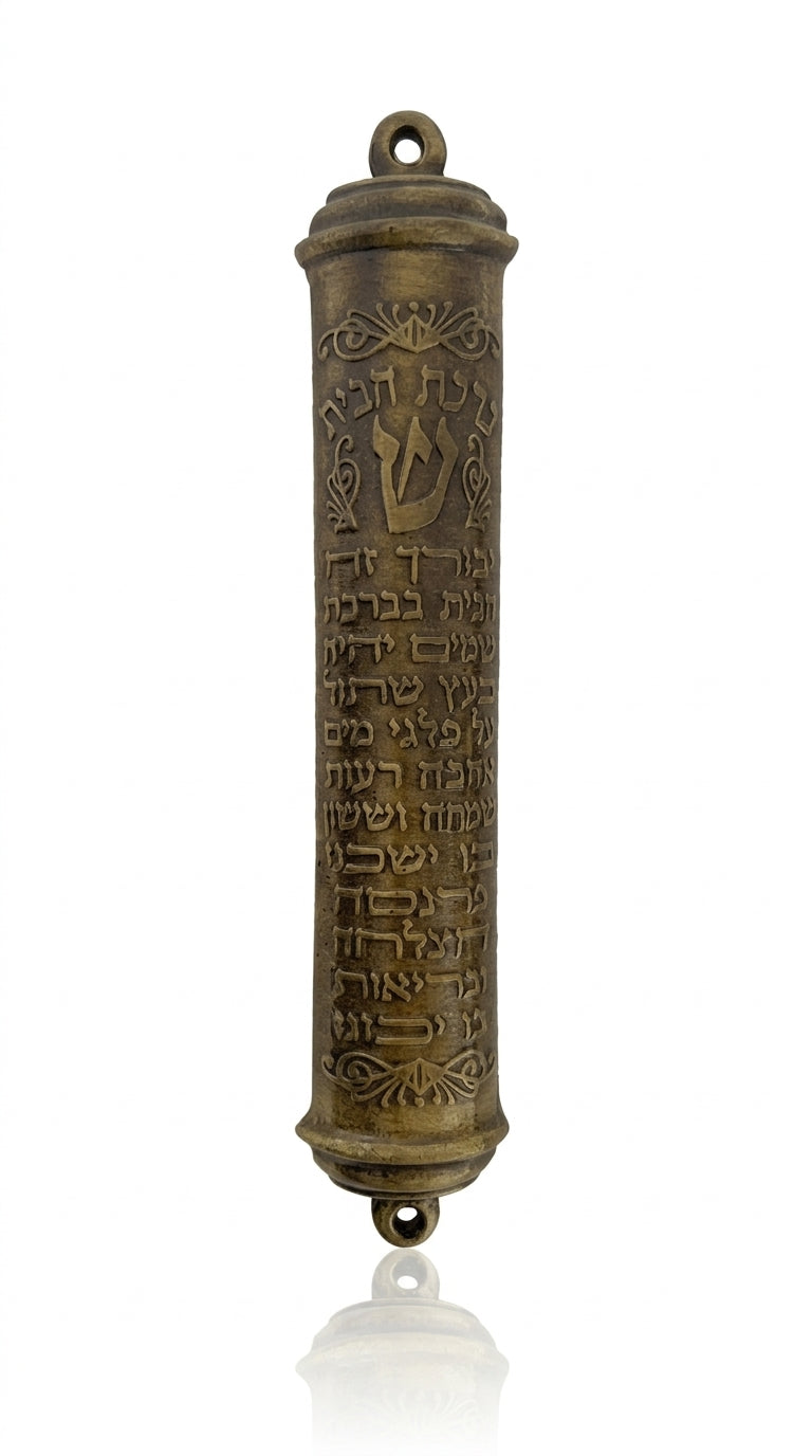 Large brass mezuzah with traditional blessing and Hebrew inscription, designed for outdoor or indoor door placement, with detailed craftsmanship.