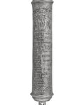 Large pewter mezuzah with traditional blessing inscription, 7 inches tall, designed for Jewish home doors, with clear engraved Hebrew text and decorative motifs.