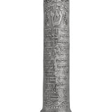 Large pewter mezuzah with traditional blessing inscription, 7 inches tall, designed for Jewish home doors, with clear engraved Hebrew text and decorative motifs.