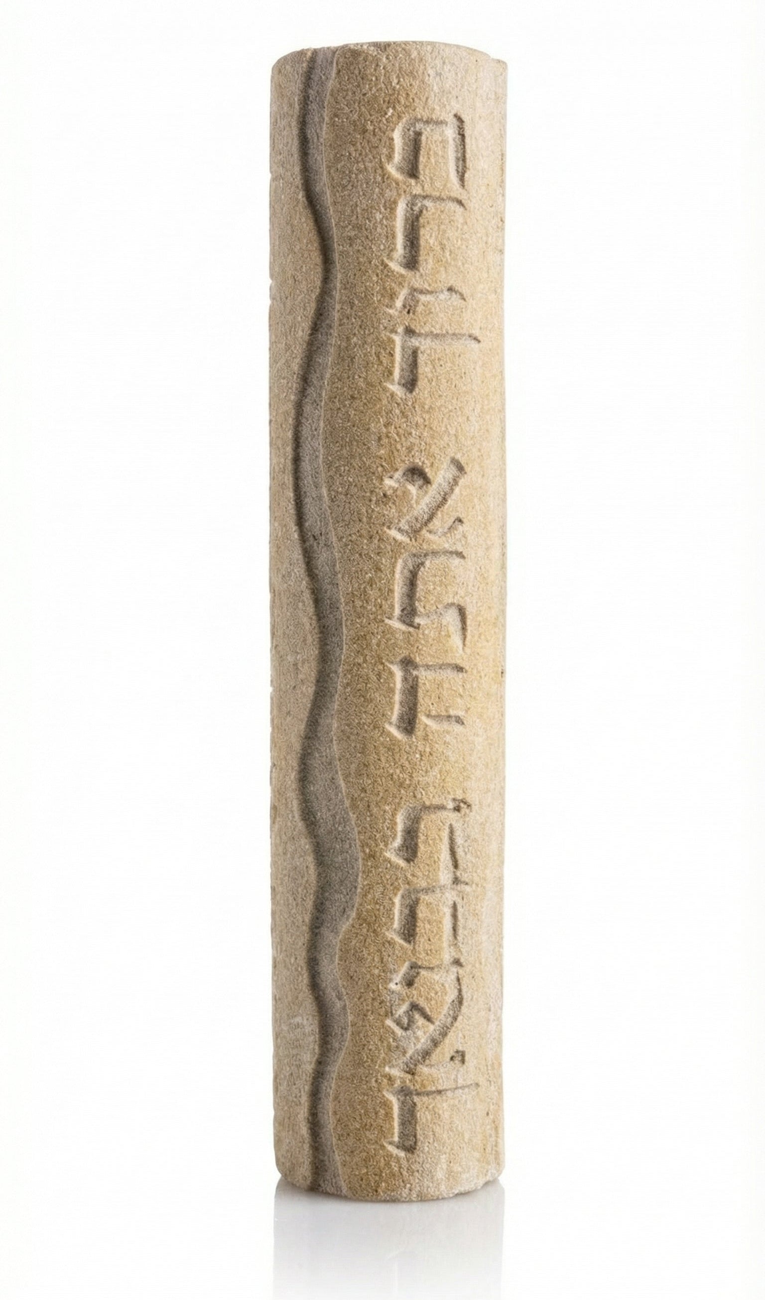 Handmade mezuzah from Jerusalem stone, engraved Hebrew blessing for home, with detailed relief and decorative motifs on a white background.