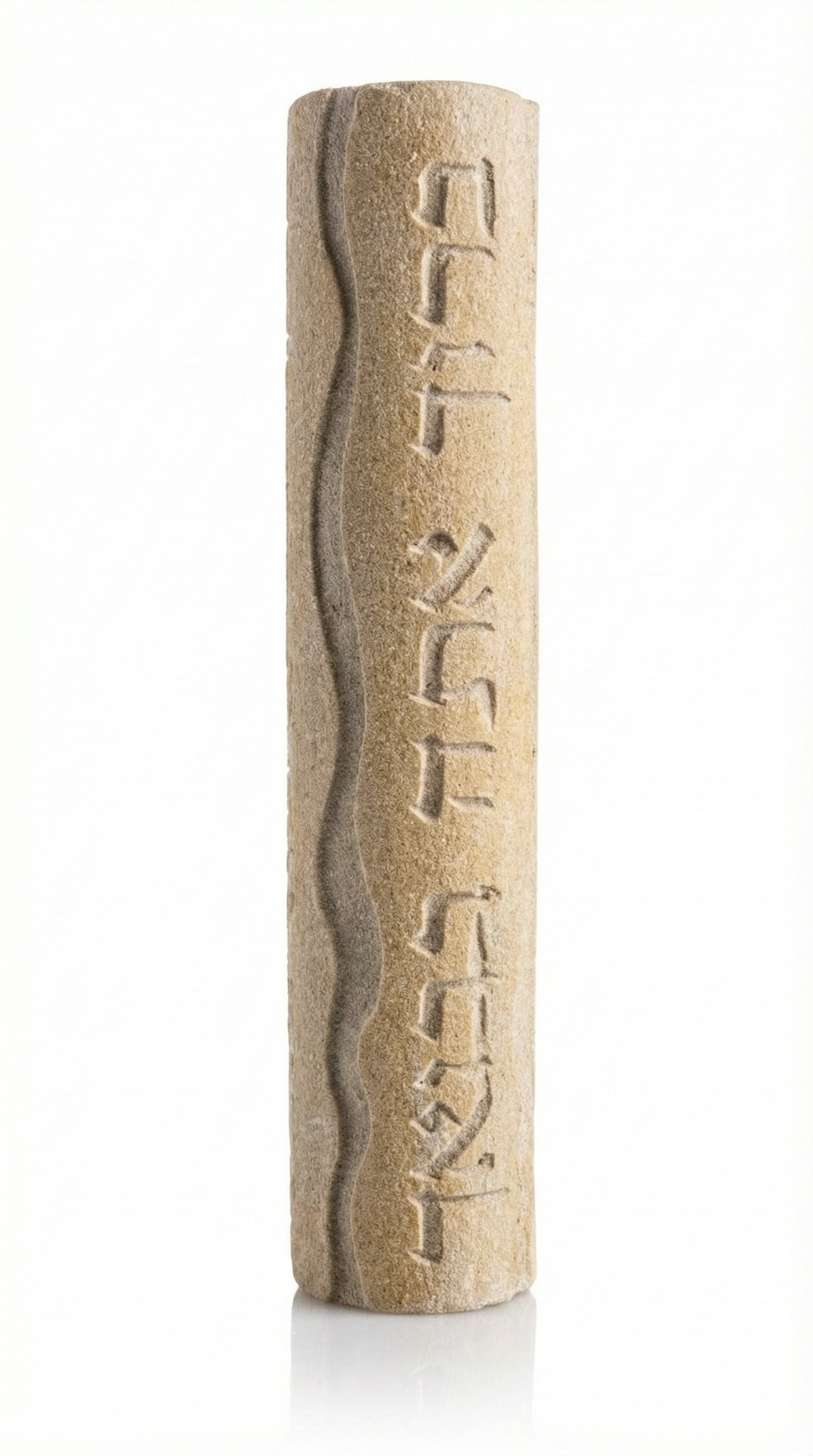 Handmade mezuzah from Jerusalem stone, engraved Hebrew blessing for home, with detailed relief and decorative motifs on a white background.