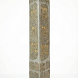 Large handmade Jerusalem stone Mezuzah with engraved Hebrew blessing for home, on a white studio background with soft reflection.