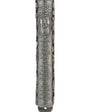 Ornate pewter mezuzah with blessing inscription, designed for home decor, featuring intricate details and traditional motifs, on a white background with soft reflection.