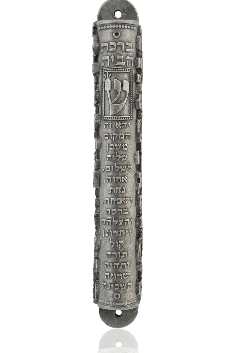 Ornate pewter mezuzah with blessing inscription, designed for home decor, featuring intricate details and traditional motifs, on a white background with soft reflection.