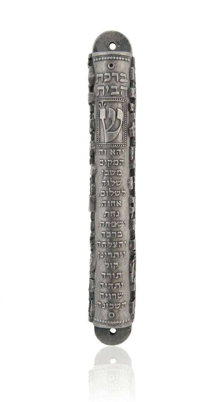 Ornate pewter mezuzah with blessing inscription, designed for home decor, featuring intricate details and traditional motifs, on a white background with soft reflection.