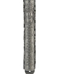 Ornate pewter mezuzah with blessing inscription, designed for home decor, featuring intricate details and traditional motifs, on a white background with soft reflection.