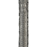 Ornate pewter mezuzah with blessing inscription, designed for home decor, featuring intricate details and traditional motifs, on a white background with soft reflection.