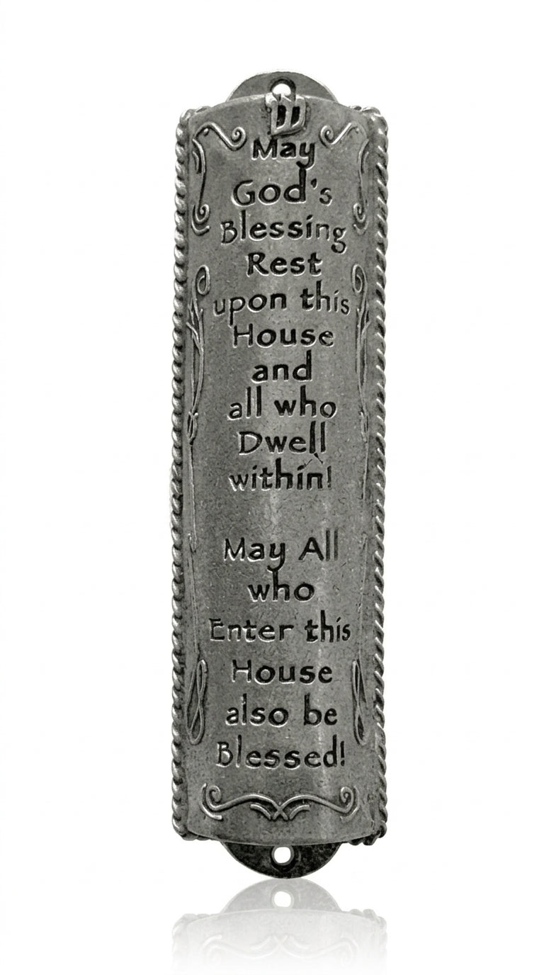 Made in USA pewter mezuzah, 5 inches tall and 1.2 inches wide, with detailed Hebrew engravings and decorative motifs, designed for home blessing.