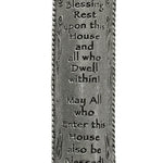 Made in USA pewter mezuzah, 5 inches tall and 1.2 inches wide, with detailed Hebrew engravings and decorative motifs, designed for home blessing.