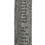 Made in USA pewter mezuzah, 5 inches tall and 1.2 inches wide, with detailed Hebrew engravings and decorative motifs, designed for home blessing.