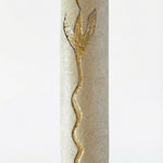 Handcrafted Jerusalem Stone mezuzah with Hebrew inscriptions, detailed carvings, and natural stone variations, displayed on a white studio background with soft reflection.
