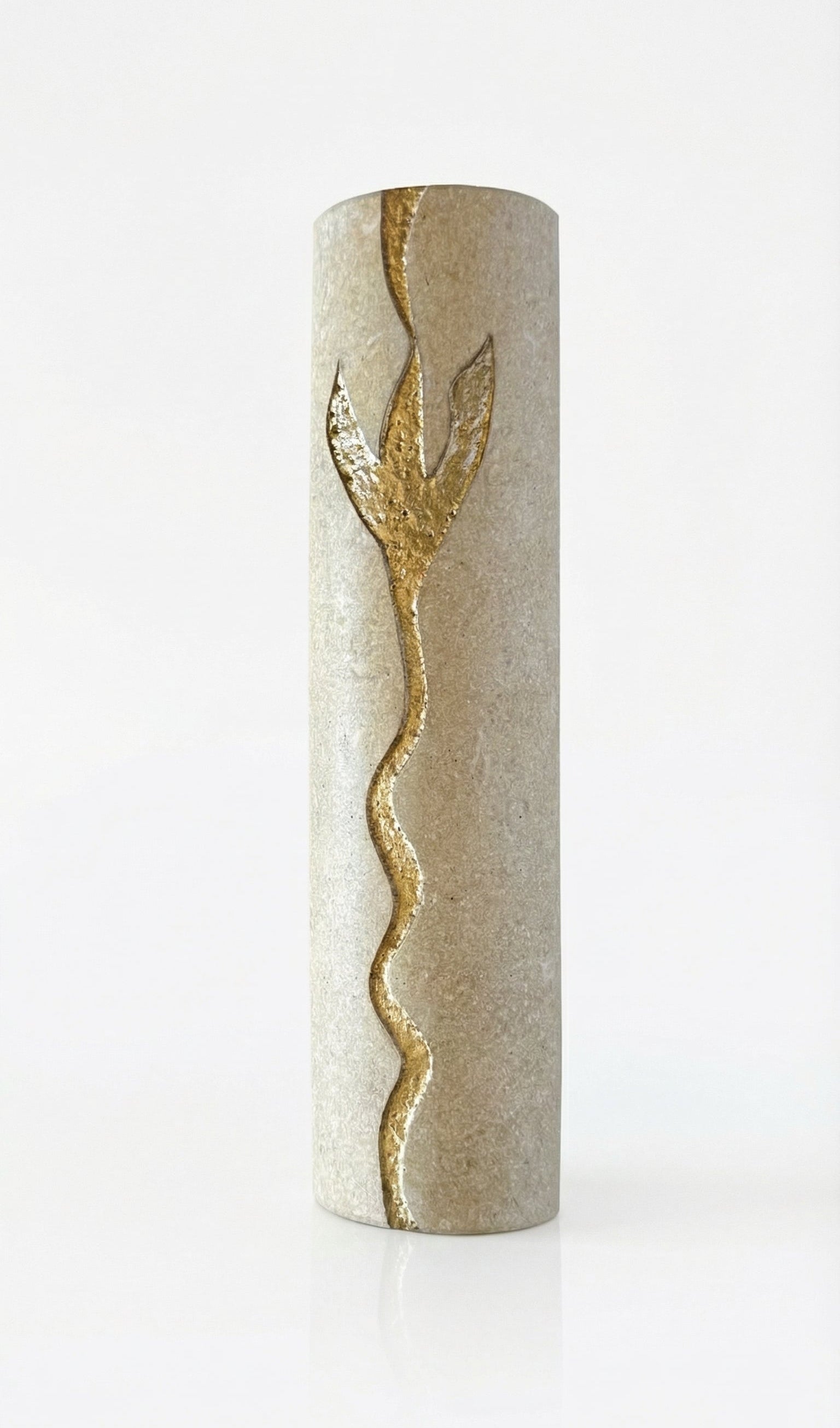 Handcrafted Jerusalem Stone mezuzah with Hebrew inscriptions, detailed carvings, and natural stone variations, displayed on a white studio background with soft reflection.