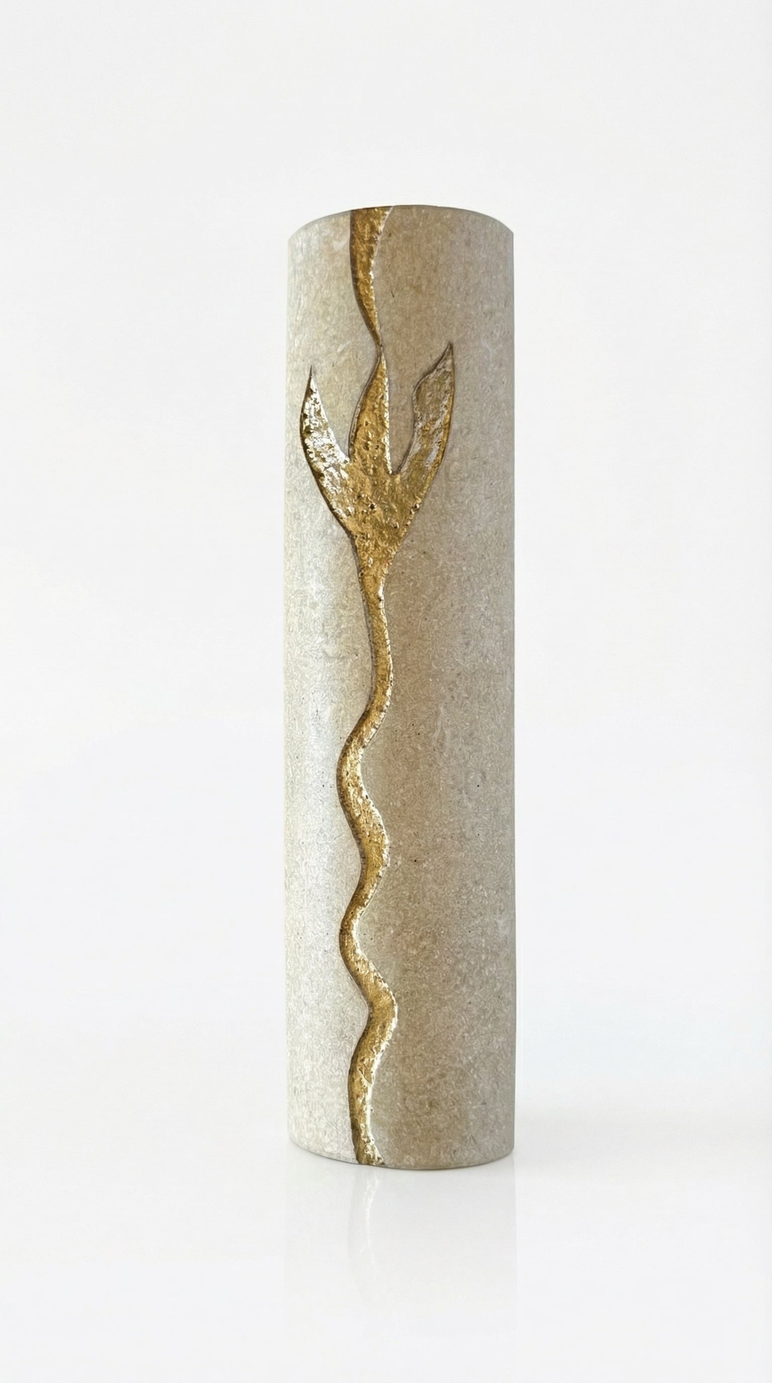 Handcrafted Jerusalem Stone mezuzah with Hebrew inscriptions, detailed carvings, and natural stone variations, displayed on a white studio background with soft reflection.