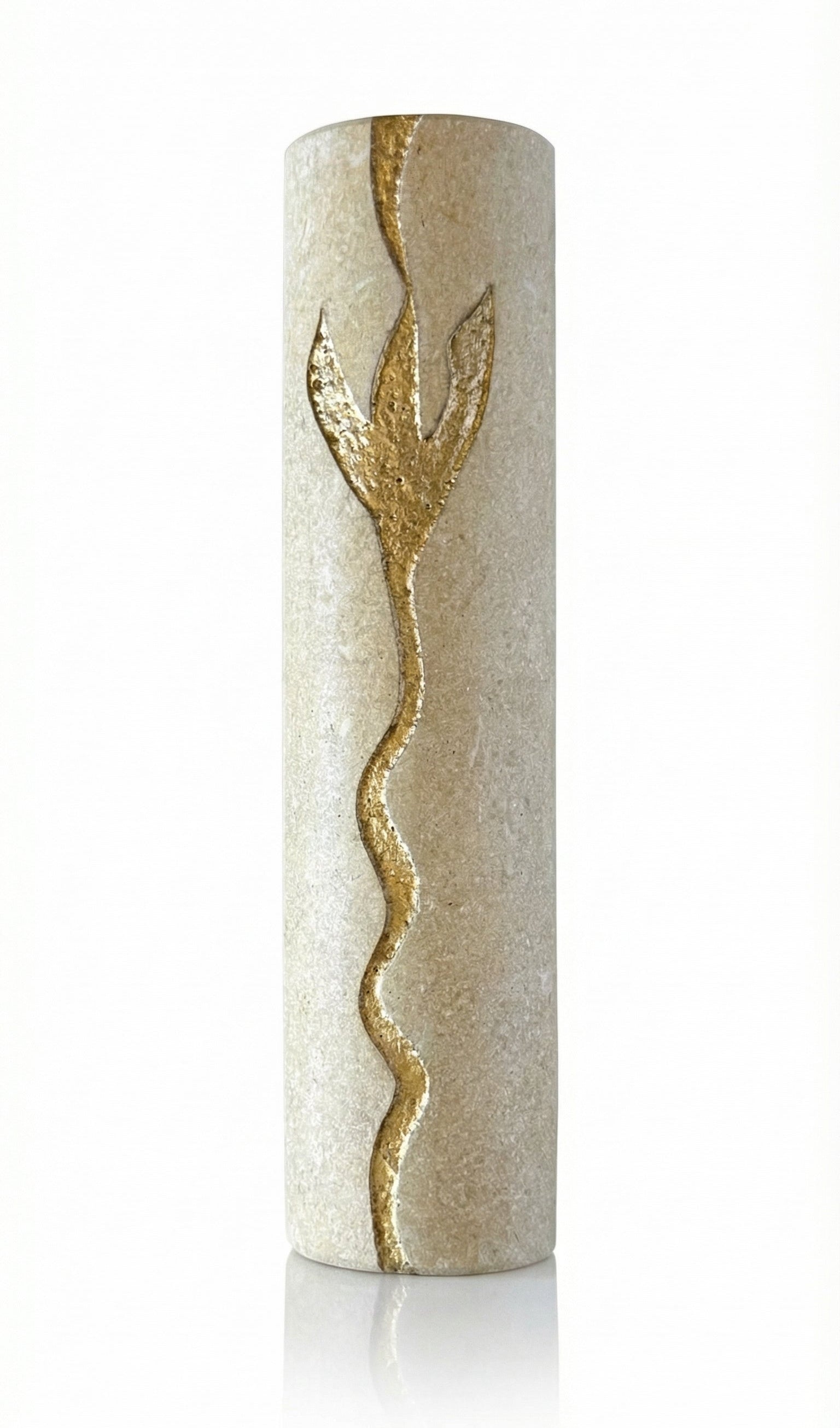 Handcrafted Jerusalem Stone mezuzah with Hebrew inscriptions and decorative motifs, displayed against a bright white background with subtle reflection.