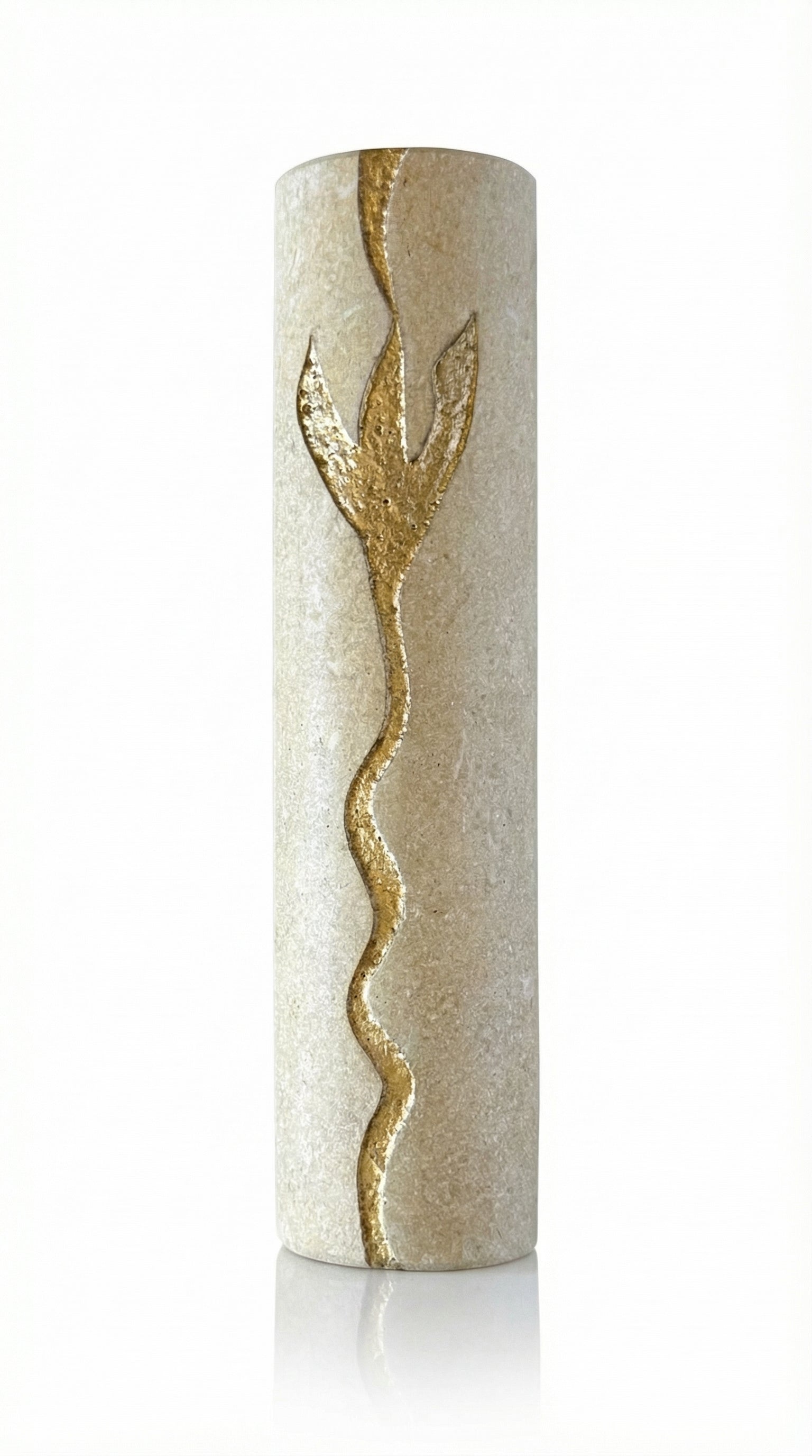Handcrafted Jerusalem Stone mezuzah with Hebrew inscriptions and decorative motifs, displayed against a bright white background with subtle reflection.