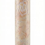 Handcrafted Jerusalem stone Mezuzah with Hebrew blessings, natural color variations, and detailed surface characteristics, on a white background.