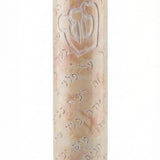 Handcrafted Jerusalem stone Mezuzah with Hebrew blessings, natural color variations, and detailed surface characteristics, on a white background.