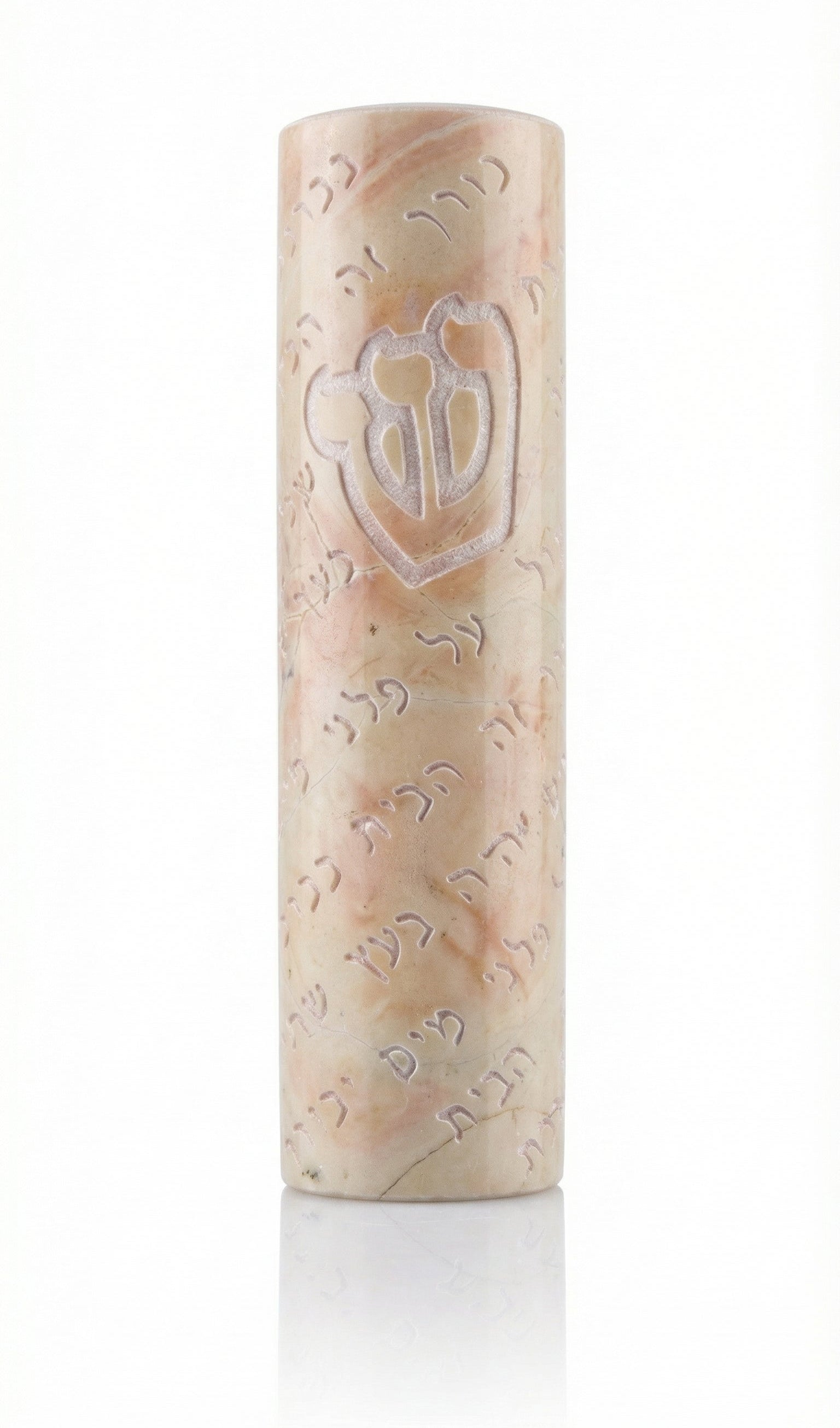Handcrafted Jerusalem stone Mezuzah with Hebrew blessings, natural color variations, and detailed surface characteristics, on a white background.