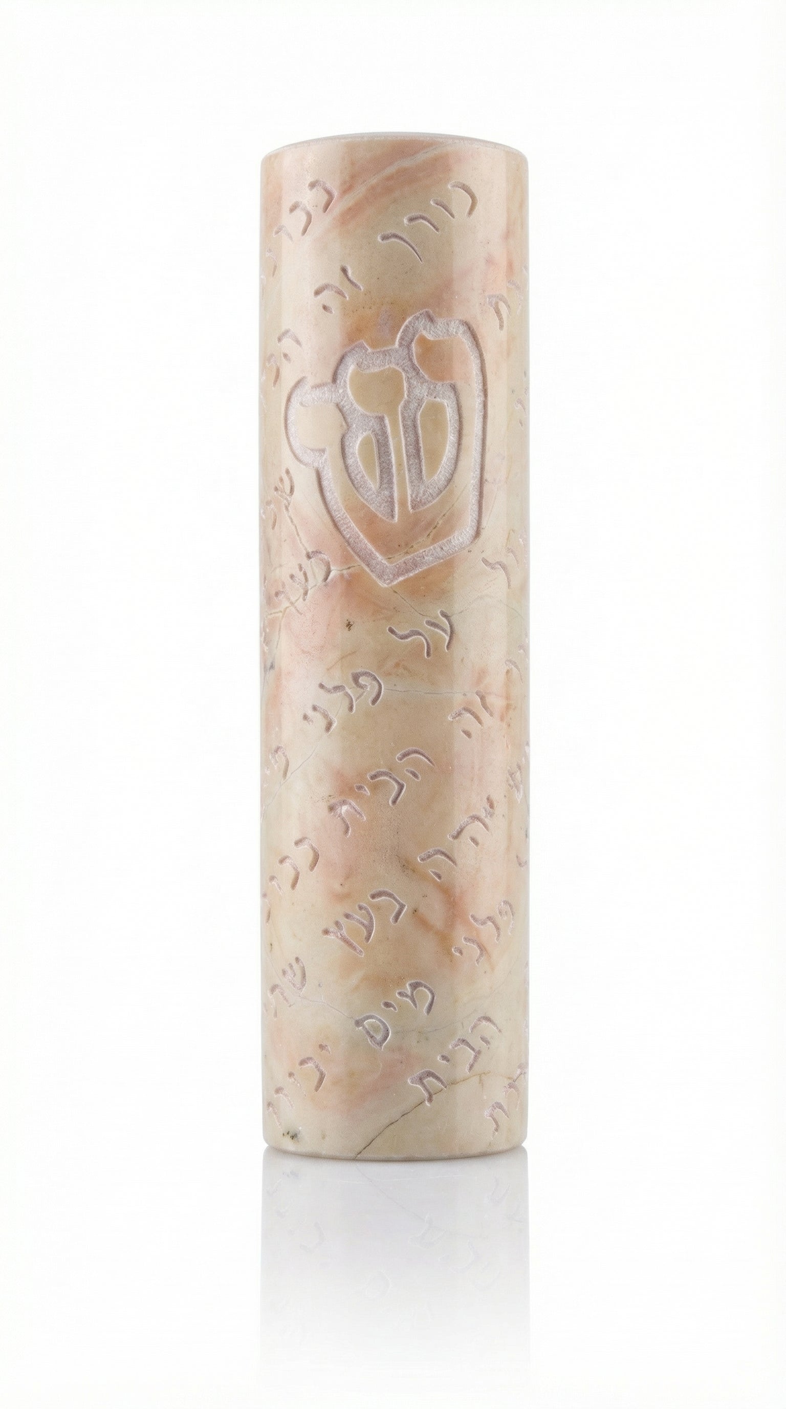 Handcrafted Jerusalem stone Mezuzah with Hebrew blessings, natural color variations, and detailed surface characteristics, on a white background.
