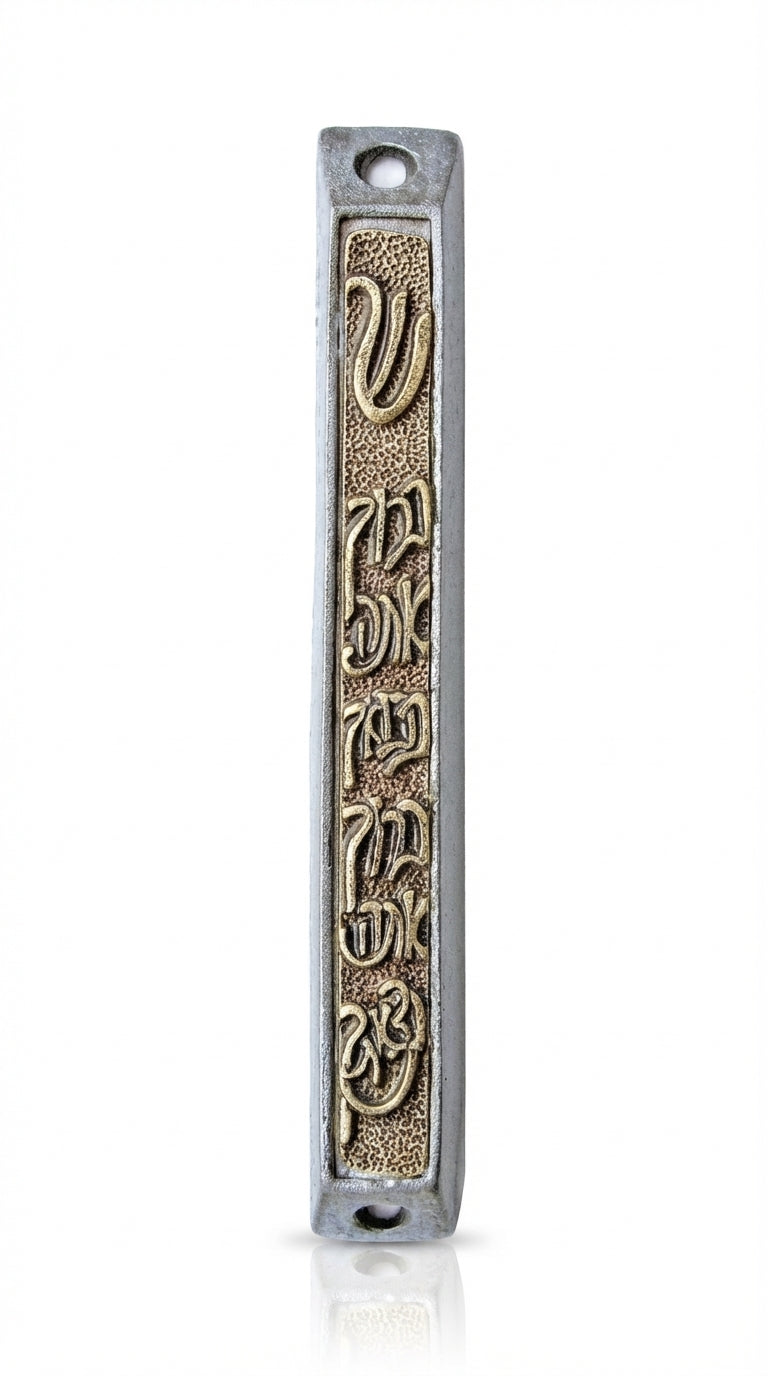 Modern Blessings Mezuzah with stylized Hebrew script on copper inset, measures 5 inches tall, designed for home blessing and door adornment.