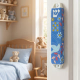 Dove of Peace ceramic mezuzah mounted on doorway, blue and red design, suitable for indoor and protected outdoor use.