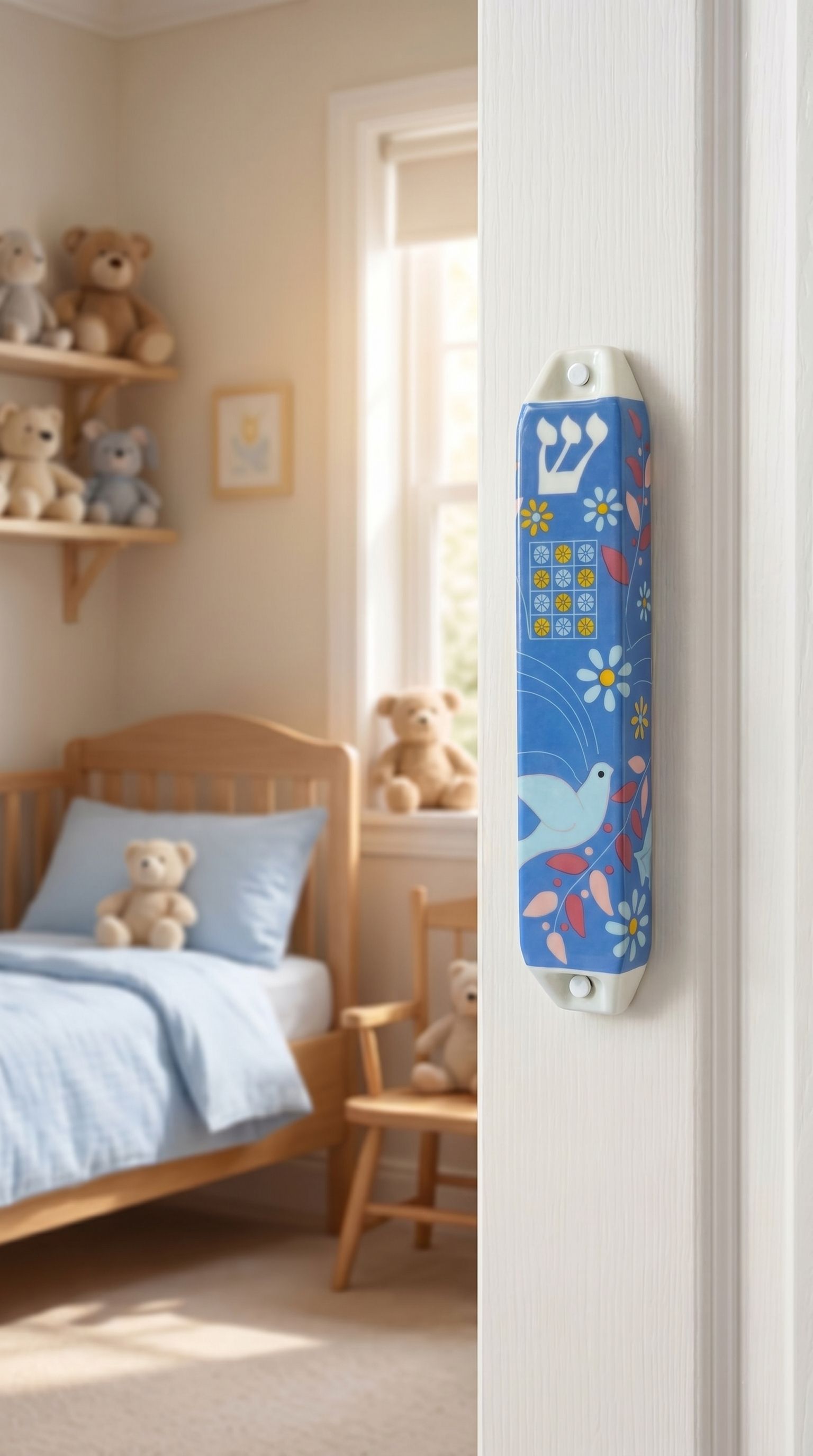 Dove of Peace ceramic mezuzah mounted on doorway, blue and red design, suitable for indoor and protected outdoor use.
