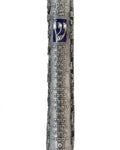 Ornate blue mezuzah for home with Hebrew engravings and decorative motifs, made of pewter, with a white studio background and subtle reflection.