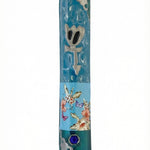Front view of a blue butterfly pewter mezuzah made in USA, with hand-painted aqua enamel, floral and butterfly artwork, a silver Shadai, and cobalt crystal