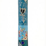Front view of a blue butterfly pewter mezuzah made in USA, with hand-painted aqua enamel, floral and butterfly artwork, a silver Shadai, and cobalt crystal